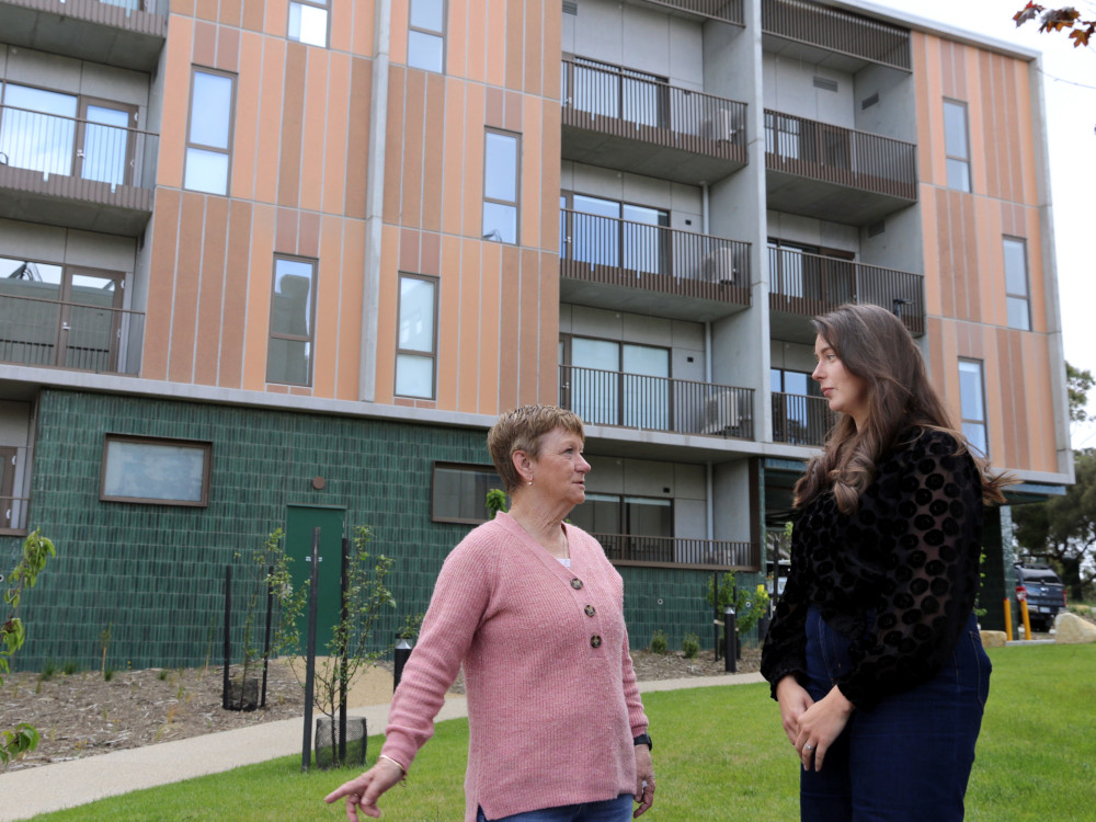 Julie and Rebecca Queens Walk tenant Julie and Housing Choices Tasmania tenancy officer Rebecca Zirk